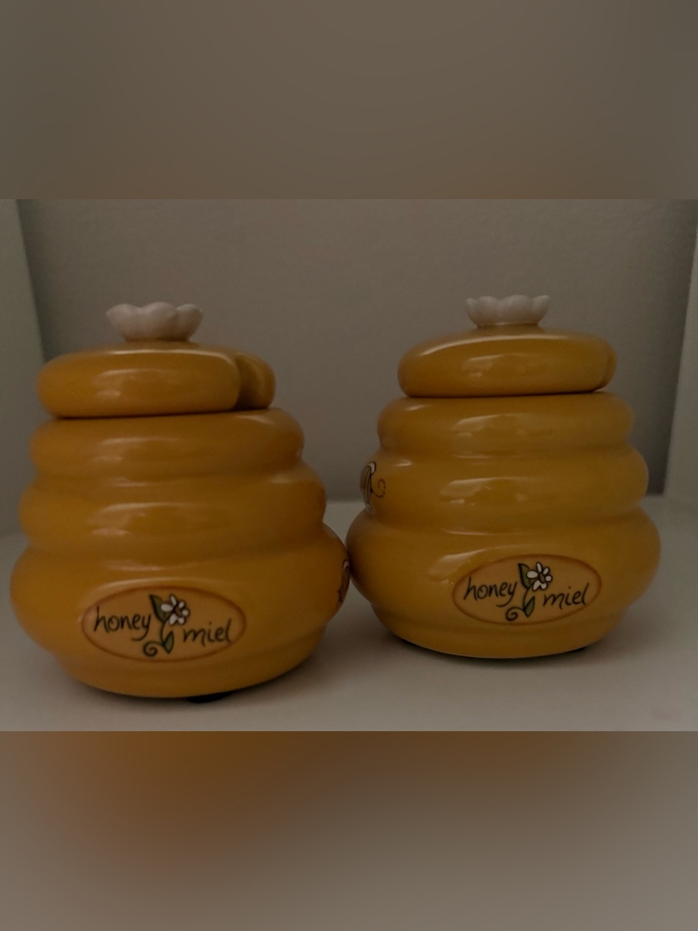 Ceramic Honey Pot Pair - Yellow "Honey Miel" Design